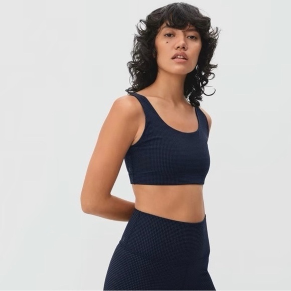 EVERLANE Perform Bra In Dark Navy & Purple Mini Check Print NWOT XXS - Picture 1 of 4